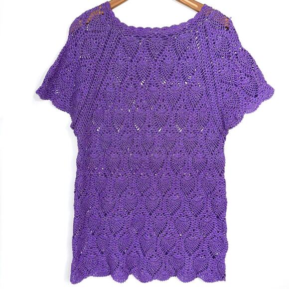 Handmade Crochet Purple Sparkle Pineapple Pattern Short Sleeve Top Size Medium - Picture 4 of 7